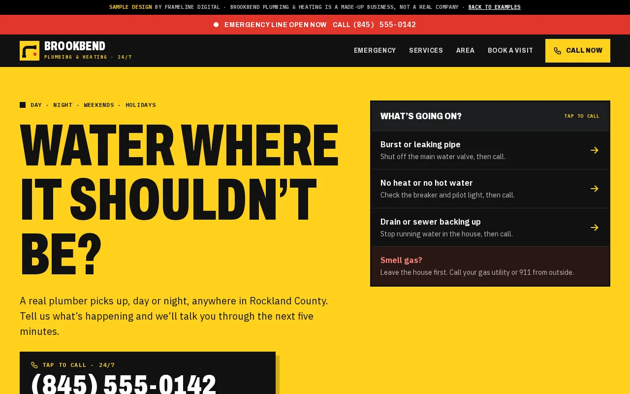 Sample website design for Brookbend Plumbing & Heating, a made-up plumber