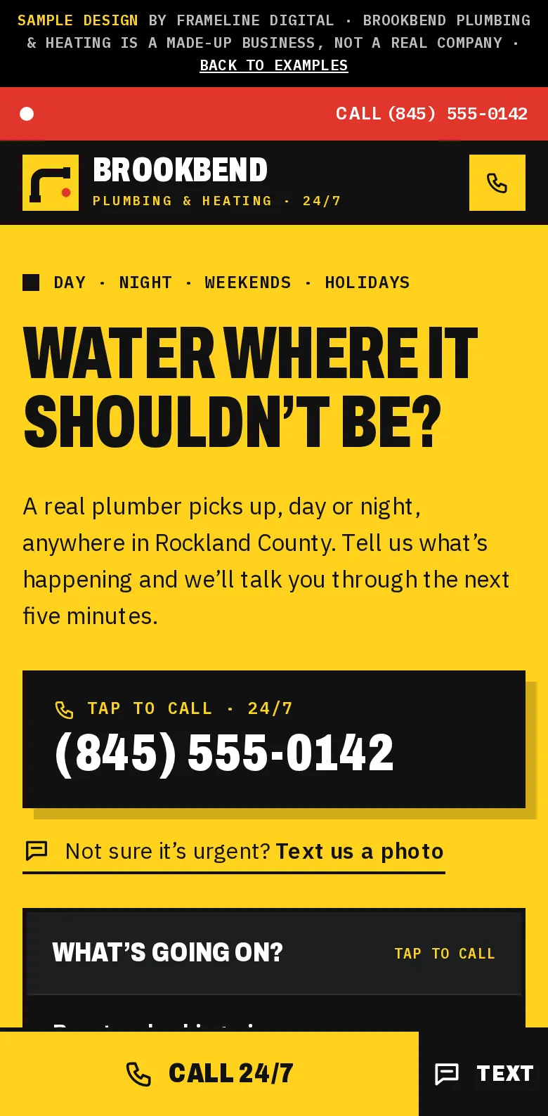 A sample website on a phone: Brookbend Plumbing & Heating, a made-up plumber, with a call button at the top
