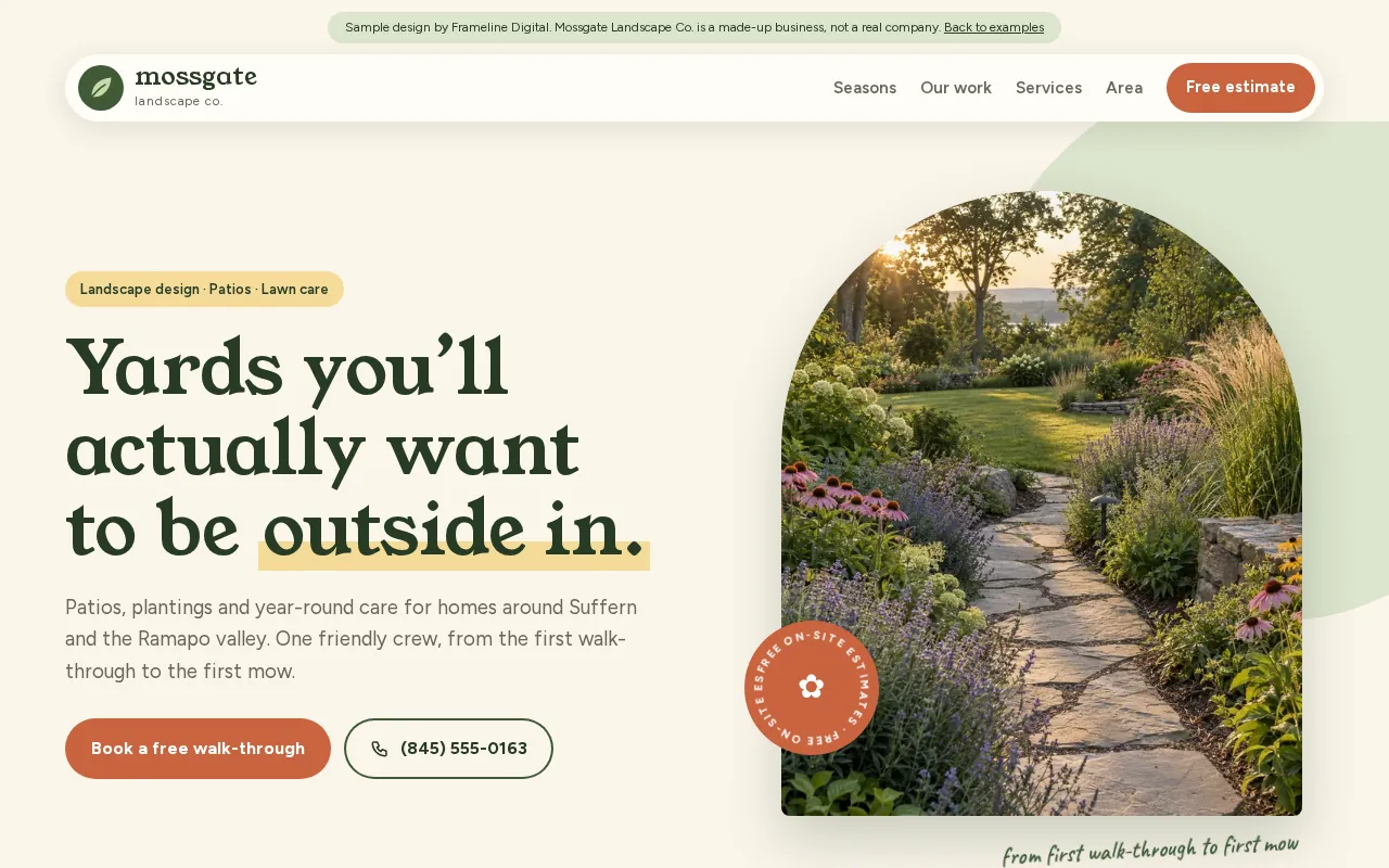 Sample website design for Mossgate Landscape Co., a made-up landscaper