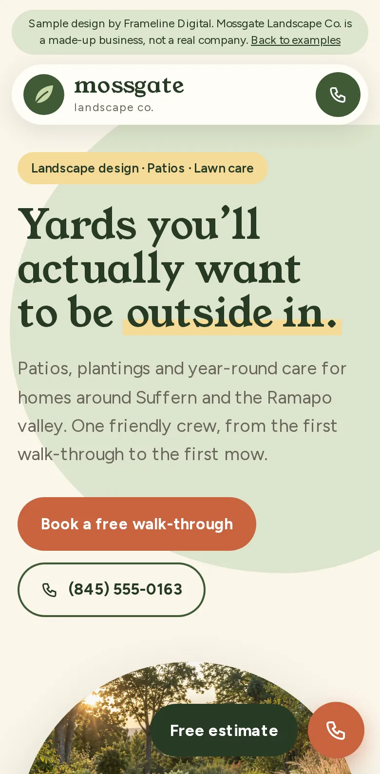 Phone view of the sample site for Mossgate Landscape Co.