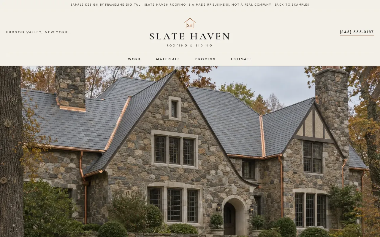 Sample website design for Slate Haven Roofing, a made-up roofer