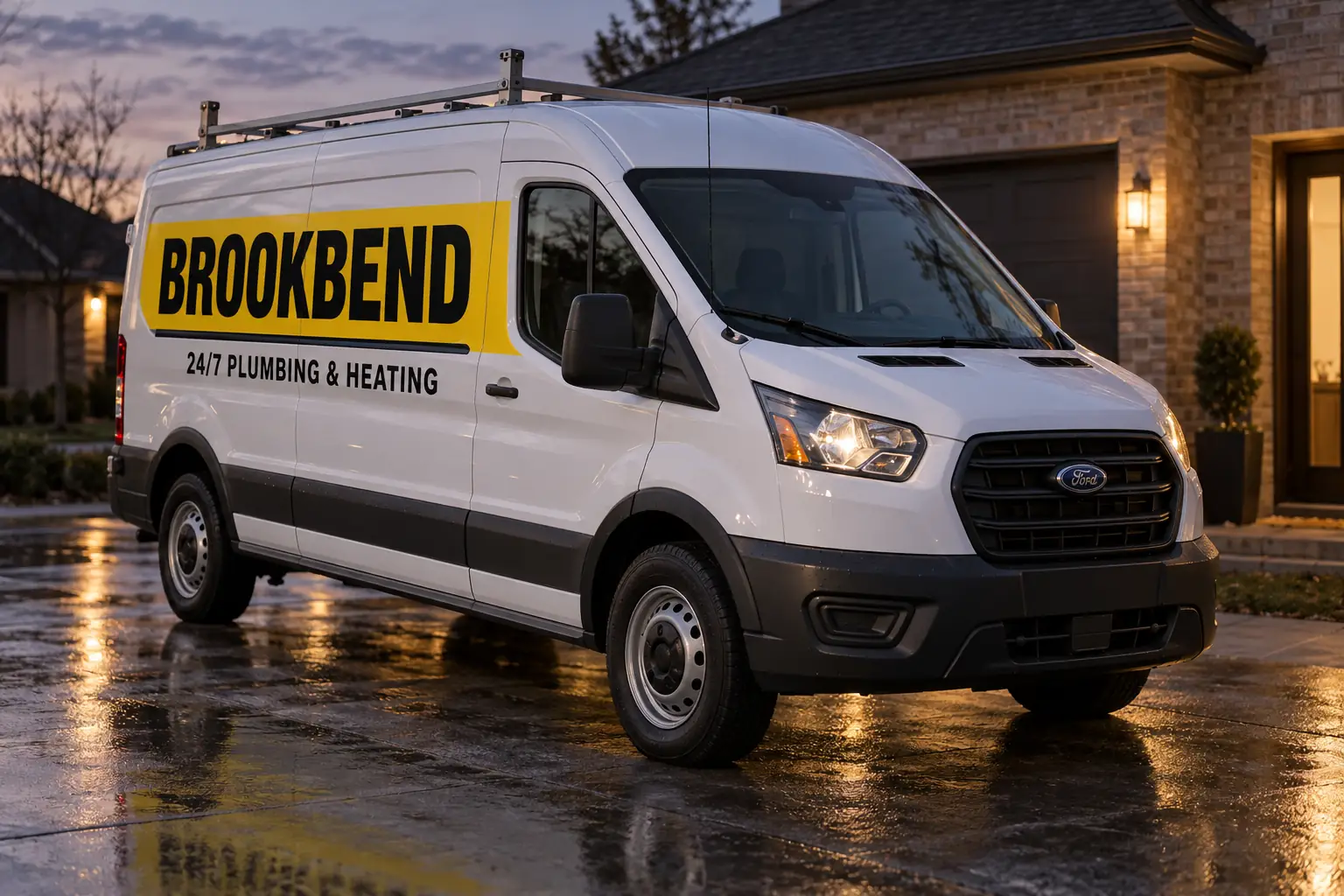 A white work van with yellow and black Brookbend lettering in a driveway at dusk