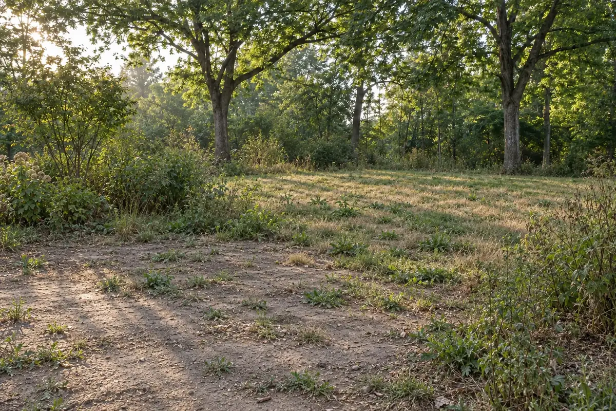 Before: a patchy, weedy backyard with bare dirt