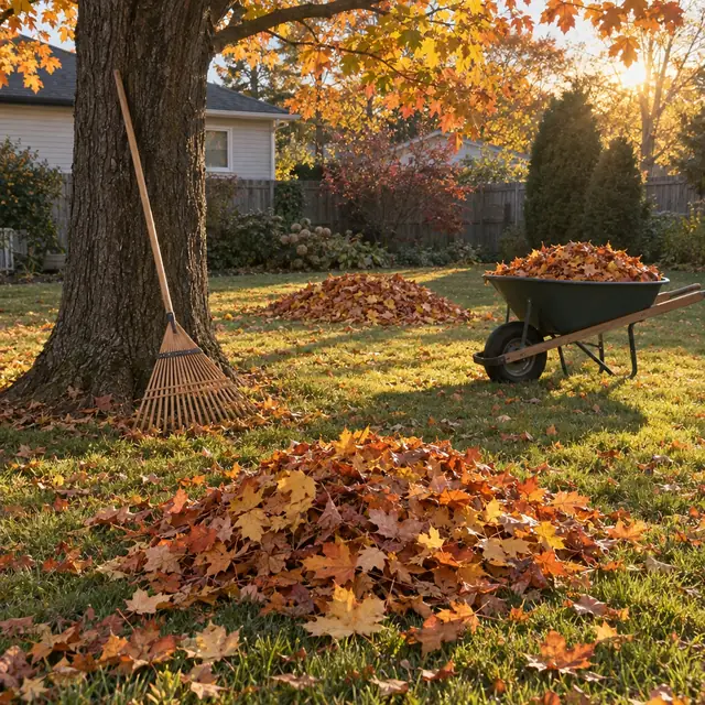 Raked piles of autumn leaves on a lawn with a wheelbarrow