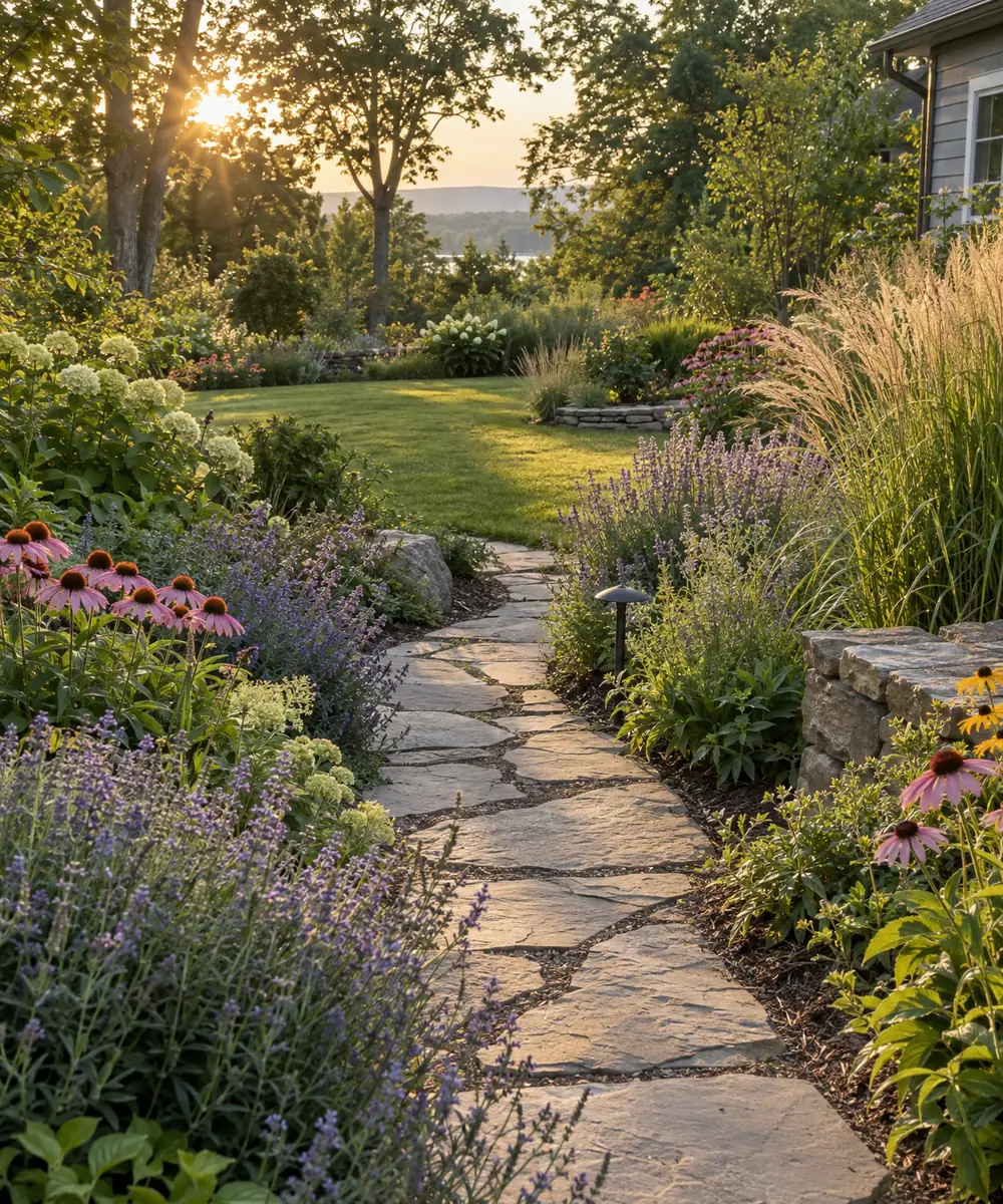 A curving flagstone path through lavender, catmint and coneflowers at golden hour