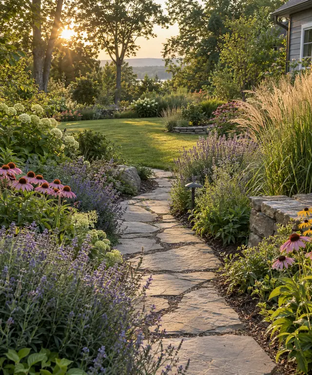 A flagstone path through summer perennials