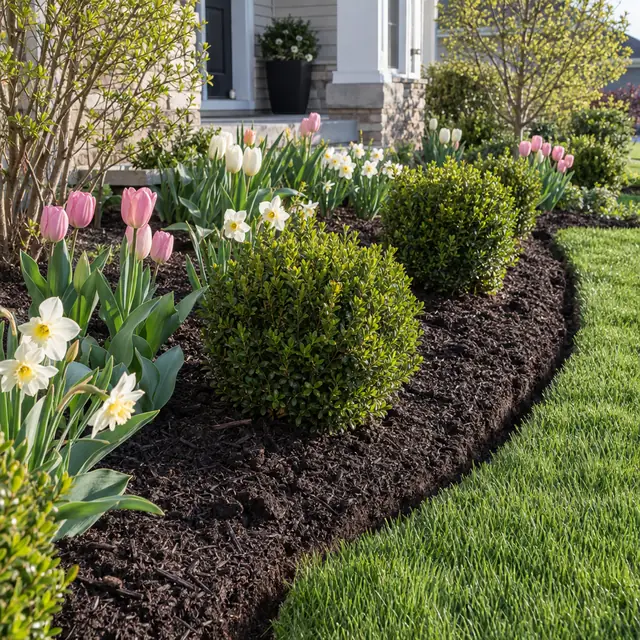 A freshly edged spring bed with tulips and daffodils