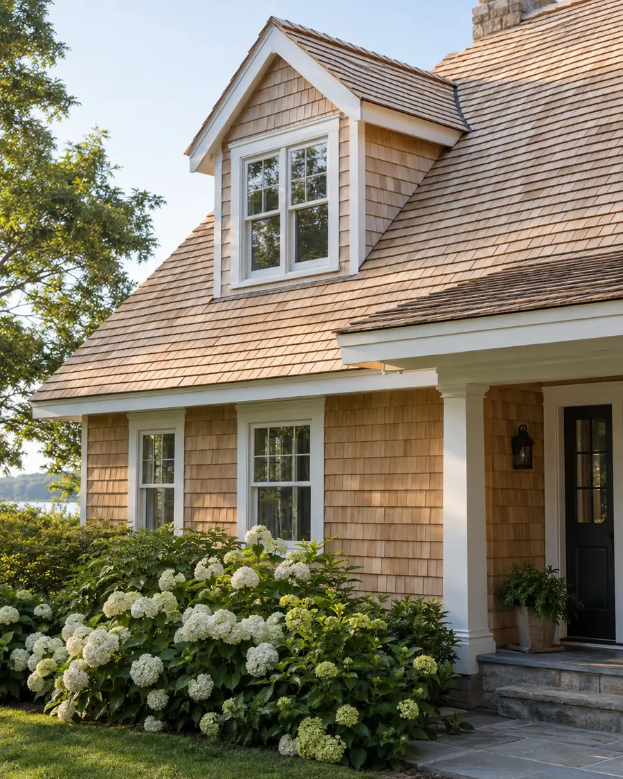 Cedar shake roof on a shingle-style cottage