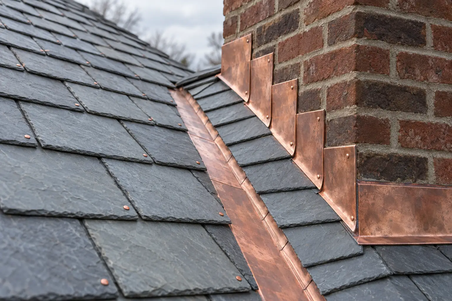 Slate valleys in copper roof on a detail, stone house