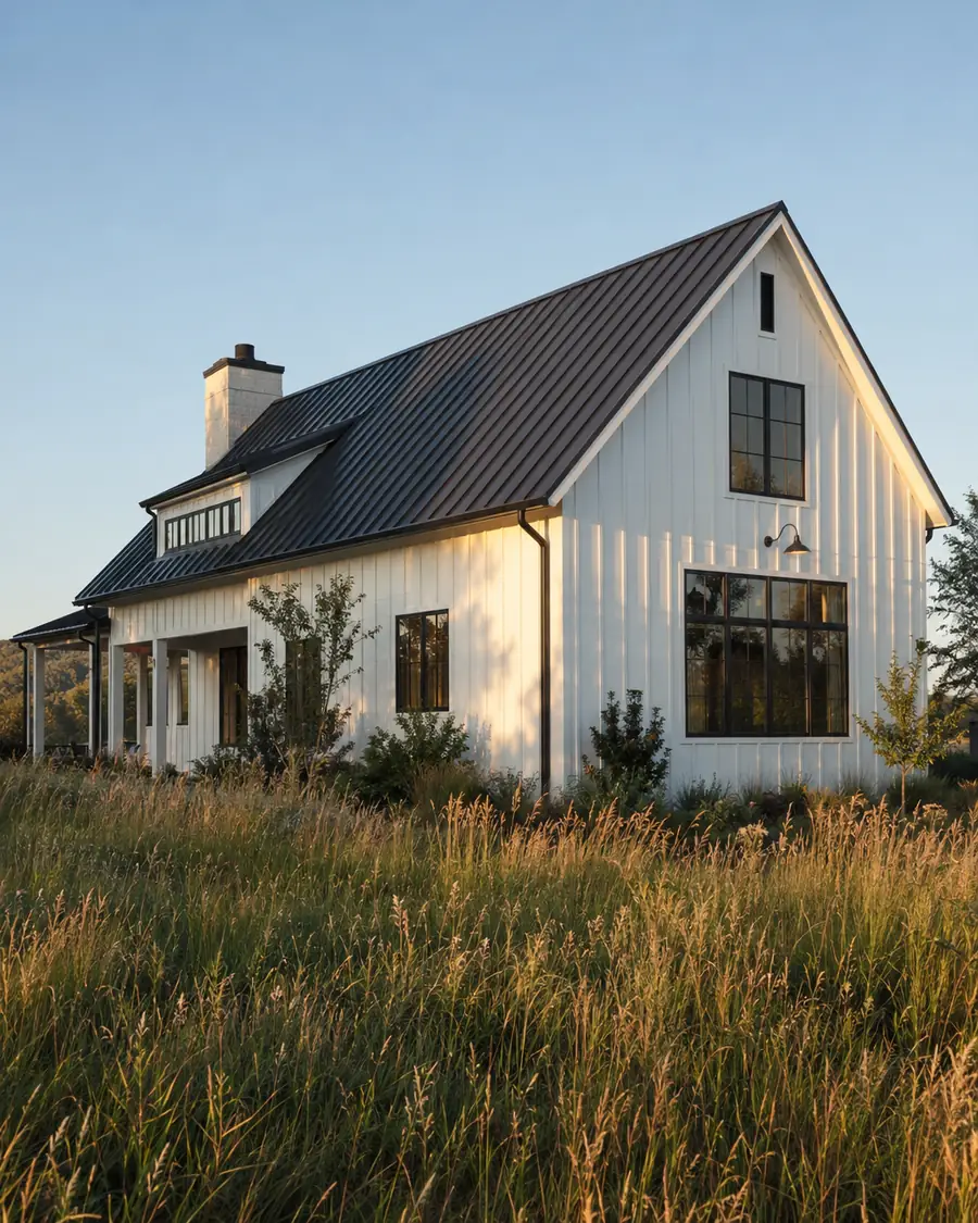 Standing-seam metal roof on a modern farmhouse